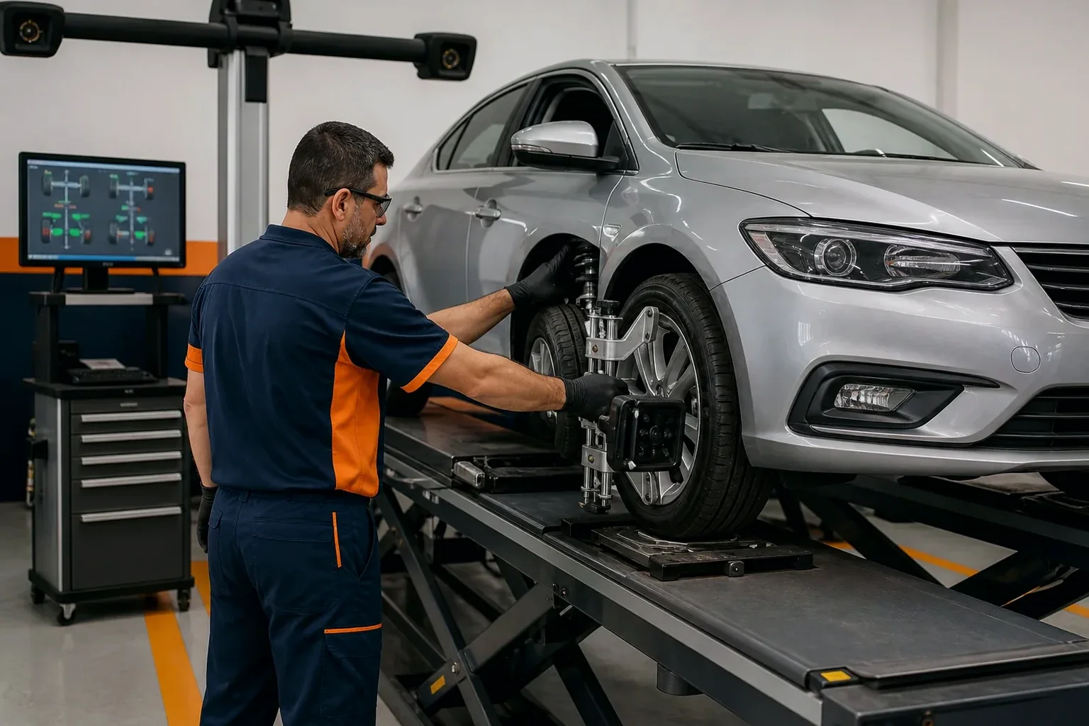 Equipamento de alinhamento de rodas com carro sendo ajustado.