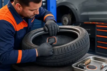 Profissional consertando pneus em borracharia, com ferramentas visíveis.