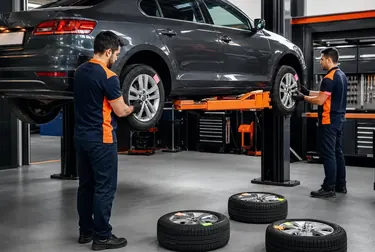 Profissional realizando rodízio de pneus em borracharia.