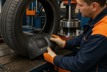 Profissional vulcanizando pneus em borracharia.